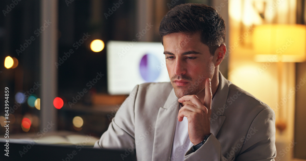 Poster Man, thinking and night office with laptop, statistical analyst and analysing project statistics for deadline report. Online, problem solving and idea for business, research and overtime in workplace
