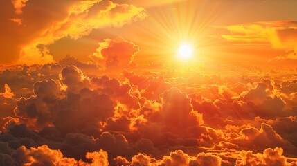 Beautiful summer landscape with a fiery orange sun, fluffy clouds scattered across the sky, and warm sunlight bathing the scene