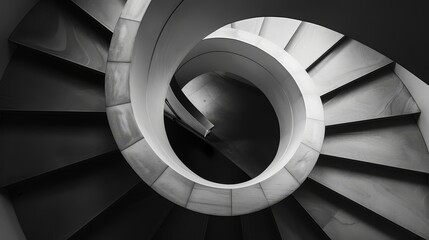 Fototapeta premium Black and white architectural detail of a spiral staircase, focusing on the curves and lines, with intense shadows and highlights