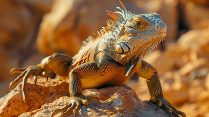Naklejka premium Bright, saturated close-up of a desert iguana, perched on a rock with claws visible, realistic and detailed image