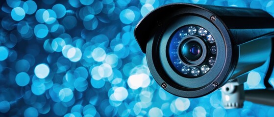 Close-up of a security camera with a blue bokeh background, showcasing surveillance technology and modern digital monitoring equipment.