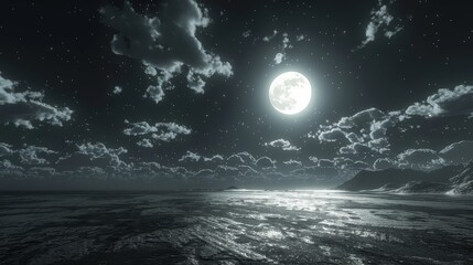 Fototapeta premium Clear, empty floor at night with a black sky, scattered clouds, and a luminous white moon, offering a picturesque and tranquil scene