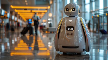 robotic Gate Agent and Security Officer ensuring smooth passenger flow at an advanced automated airport terminal