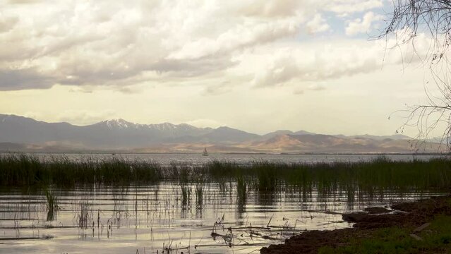 Cloudy Mountains Water Landscape Utah Lake Vineyard Distant Sailboats and Sunset