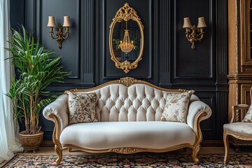 Royal black background in a luxury classic armchair in the interior with golden lamps