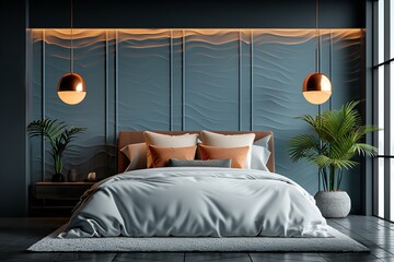 A stylish modern bedroom with blue walls, a plush bed, and a pair of pendant lights hanging from the ceiling