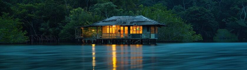 Fototapeta premium Serene lakeside cabin with warm lighting, surrounded by lush forest. A tranquil retreat perfect for nature lovers and relaxation.