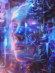 Obraz premium The face of a cyborg woman in profile surrounded by flying technological blue and pink elements
