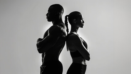 Athletic muscular man and woman standing back to back next to each other. White background.