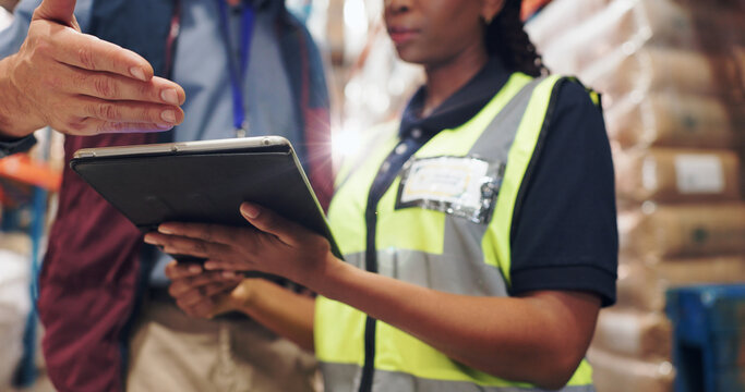 Tablet, hands and team work in logistics warehouse for package, inventory and stock management. Industrial worker or people for training with digital software or e commerce for supply chain solution