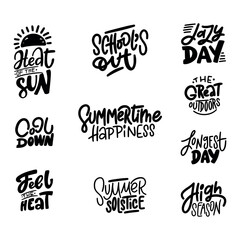 Fototapeta premium Hand drawn lettering SET about Summer. Funny season slogan. Isolated calligraphy quote for travel agency, beach party. Great design for banner, postcard, print or poster.