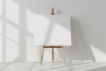 A blank white canvas on a wooden easel in a sunlit room with shadow patterns on the white wall, ready for painting or artistic creation.