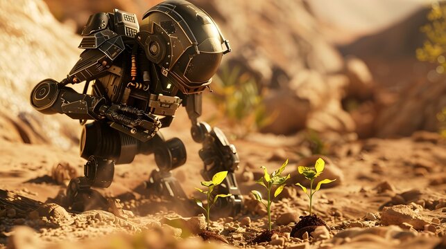 A black humanoid robot checks the quality of seedlings in a dry desert area