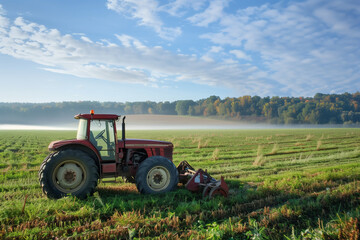 Fototapeta premium Tractor in Misty Morning Field