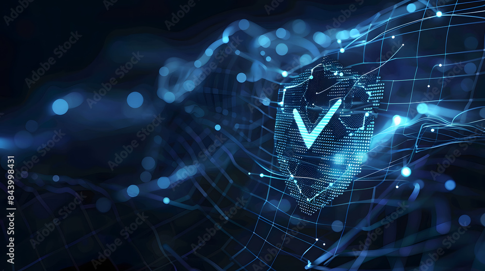 Poster secure cybersecurity symbol: dark blue wireframe shield with checkmark for protection. concept cyber