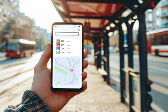 Hand holding phone with mobile public transportation app in front of bus stop in city street