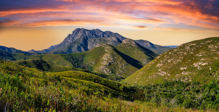 Outeniqua Mountains from Outeniqua pass during dramatic sky, George, Garden route, South Africa