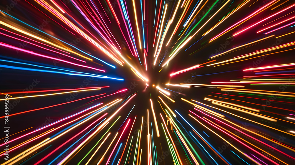 Poster vibrant, multicolored light streaks radiate from a central point against a dark background, creating
