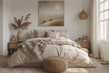 3D illustration of a serene bedroom bathed in soft hues. Envision a cozy ambiance featuring artwork, a nightstand, a pouf, and a snug plaid. Front view,.