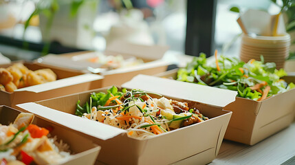 Enjoy organic takeout food served in convenient paper containers at home. Eco-friendly packaging concept