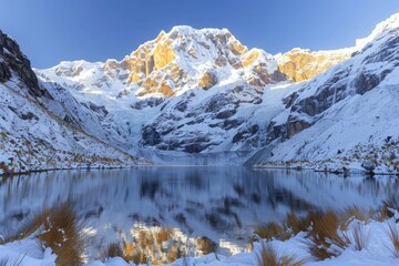 Snow Covered Mountains Reflecting in a Lake at Sunrise in Nepal © denklim