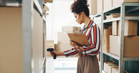Woman, boxes and scanner with clipboard for logistics, e commerce or inventory management of order...