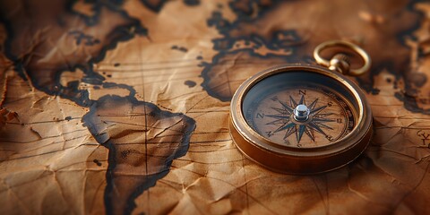 Vintage compass and ancient map