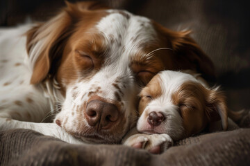 Cute mother dog with young dog puppy