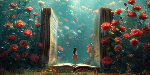 A girl stands on a giant open book, surrounded by a magical garden of roses, symbolizing the power of imagination and the beauty found within literature.