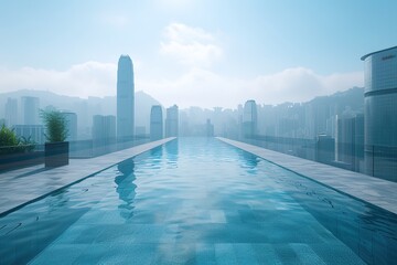 Contemporary urban rooftop pool with infinity edge and city skyline views.