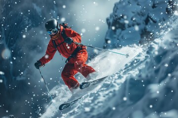 Freestyle Skier Descending Snowy Mountain
