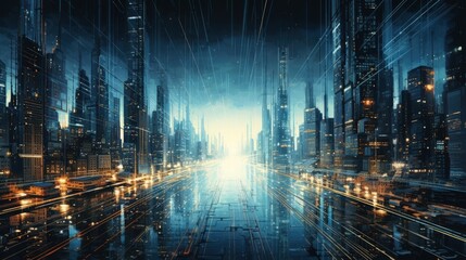 Obraz premium Futuristic cityscape with towering skyscrapers and glowing lights, depicting a technologically advanced and vibrant urban environment.