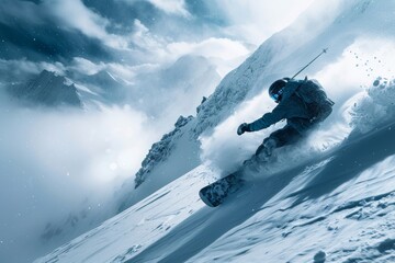 Snowboarder Carving Through Mountainous Terrain