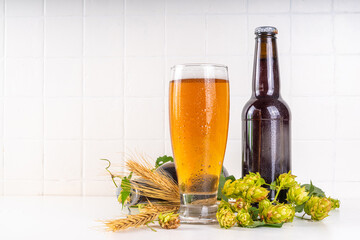 Beer bottle and glass with hop cones
