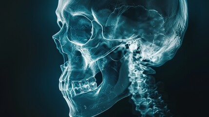 Detailed X-ray of a human skull, highlighting intricate cranial structures on a dark background, emphasizing skeletal anatomy