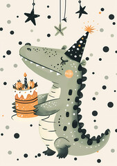 A cute alligator wearing a party hat holding a birthday cake, monochrome colors, a white background with black stars and grey dots, in the style of children's illustrations