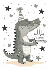 A cute alligator wearing a party hat holding a birthday cake, monochrome colors, a white background with black stars and grey dots, in the style of children's illustrations