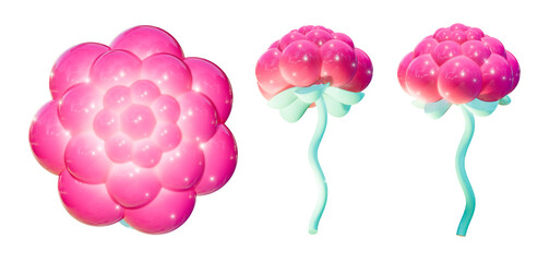 3d rendering illustration of plastic flowers. Surreal floral render. Isolated glossy cute elements on transparent background in 3 different angles.