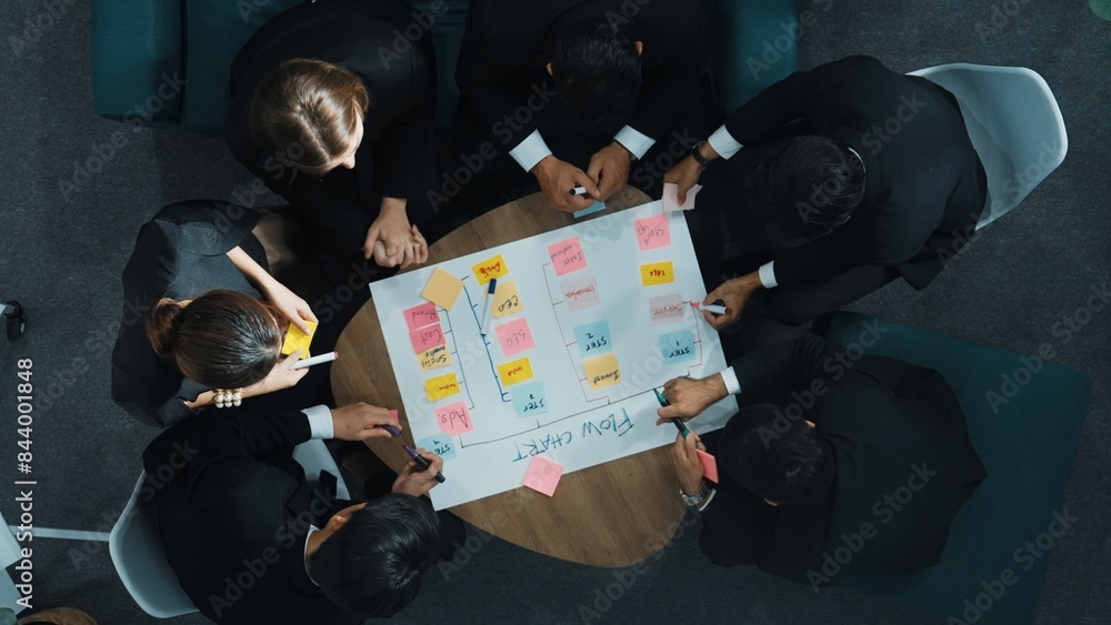 Poster close up of professional business team hands writing and putting sticky note on scrum task board. to