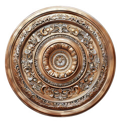 Detailed wooden carving of a circular medallion with elaborate patterns, isolated on a transparent grid