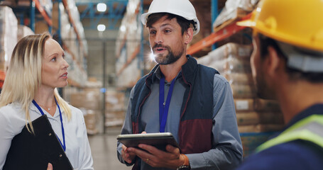 Man, client and warehouse on discussion with tablet for supply chain and selling product. Employee,...