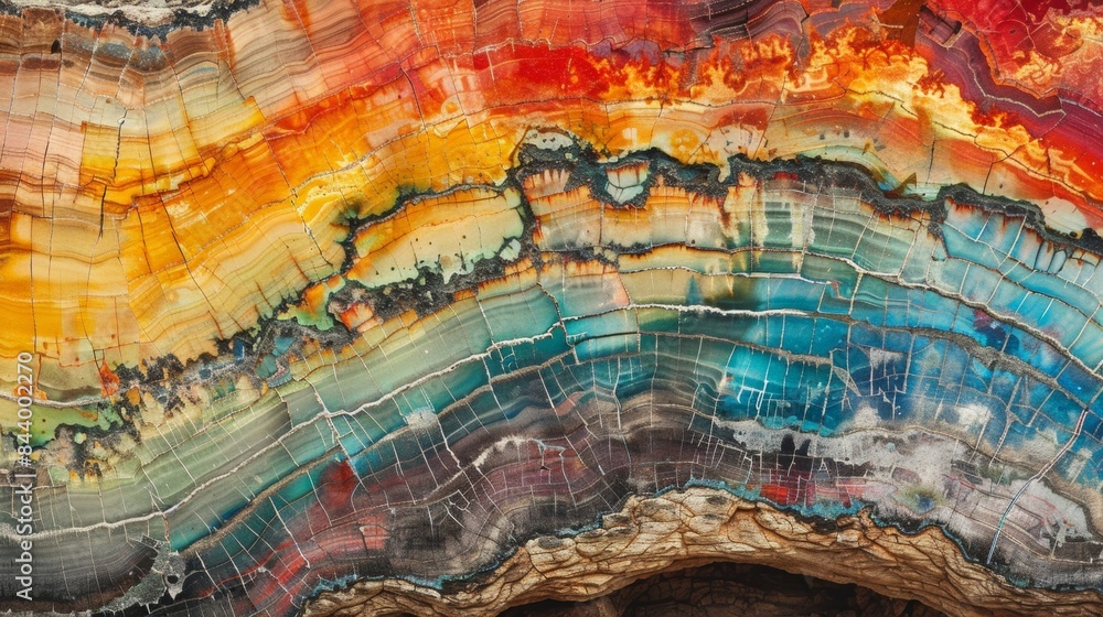 Wall mural layers of different minerals create a mesmerizing rainbow effect on the petrified logs.