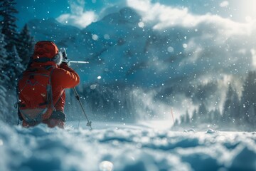 Biathlete Taking Aim in Snowy Mountains