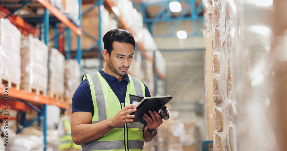Poster man, boxes and scanner with tablet in logistics, e commerce or inventory of order or courier solutio