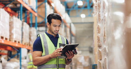 Man, boxes and scanner with tablet in logistics, e commerce or inventory of order or courier...