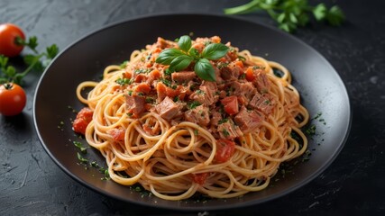 Photorealistic Ultra Realistic Spaghetti with Tuna, Tomato Sauce, and Parsley, Served on a Plate on a Black Stone Surface