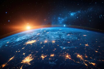Fototapeta premium Global View of Earth with Stars and Sunlight in Space