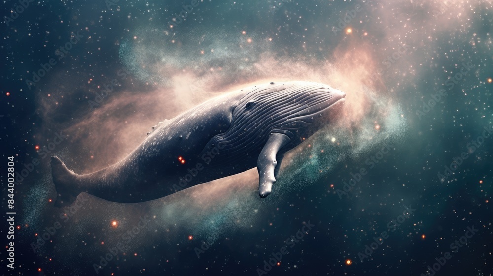 Poster surreal art design of a whale floating in space with a cosmic background and starry sky. digital art