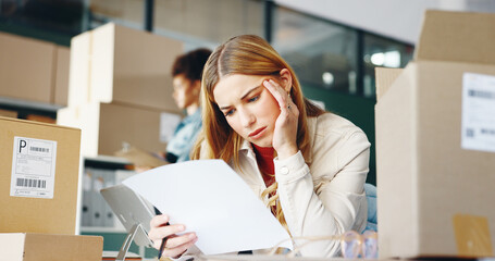 Business woman, stress and document for logistics with wrong invoice, package or print mistake....