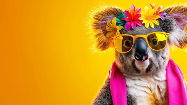 A koala wearing sunglasses and a flower headband. animal concept. koala, vibrant bright fashionable outfits isolated on solid background advertisement with copy space. birthday party invite